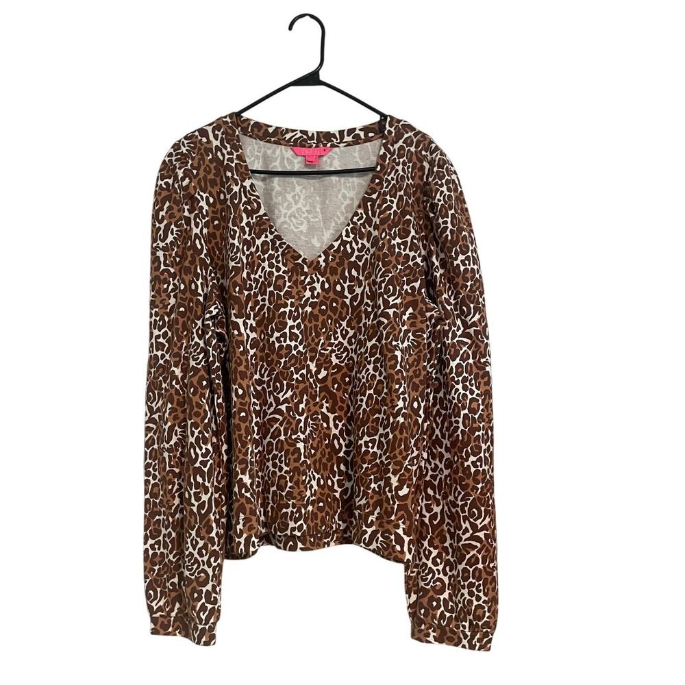 Lilly Pulitzer XXL Jansen Leopard Print V-Neck Long Sleeve Sweatshirt Brown